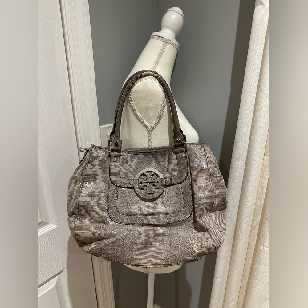 TORY BURCH Vintage Gray Snakeskin Print Hobo Crossbody